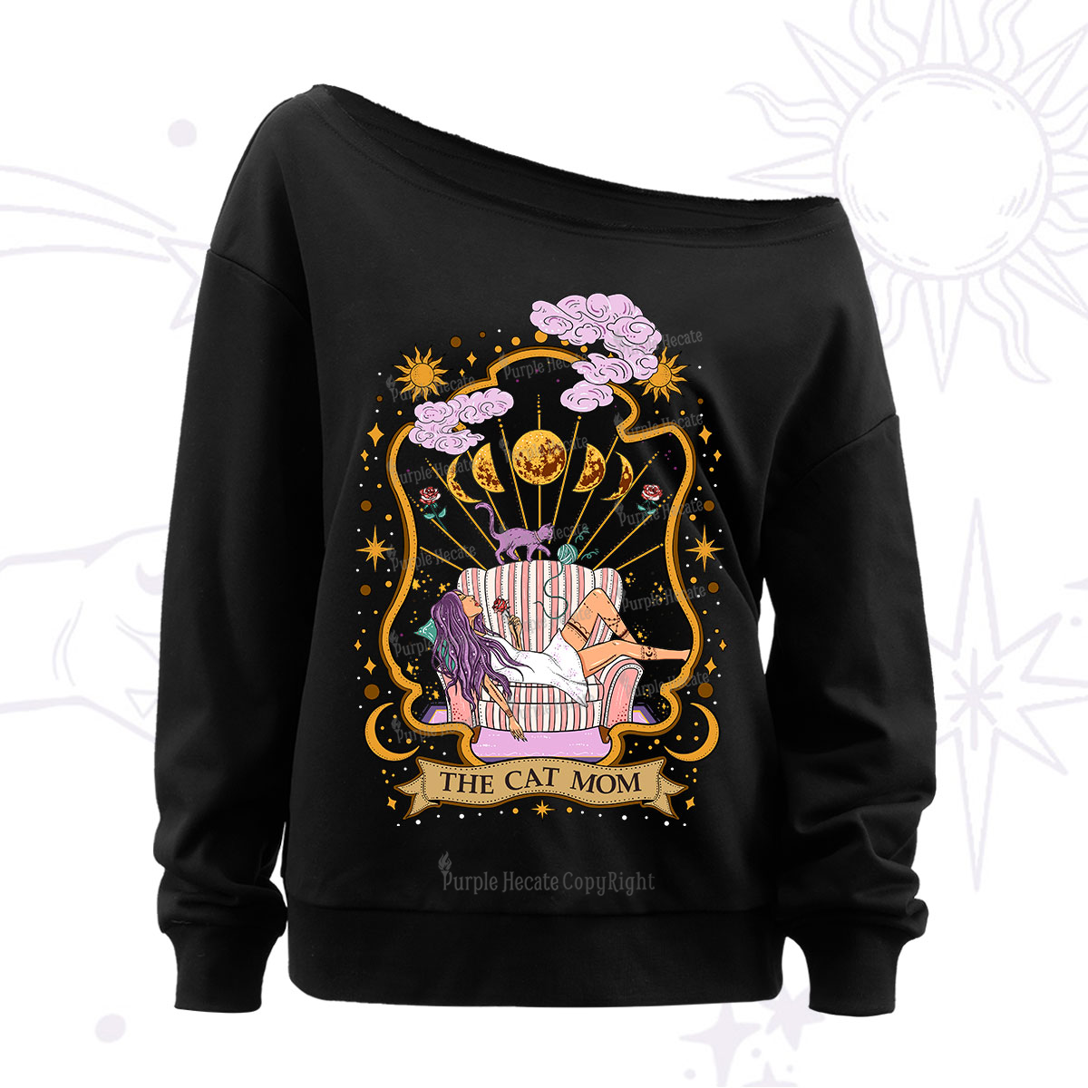 Purplehecate The Cat Mom Goddess Off The Shoulder Sweatshirt