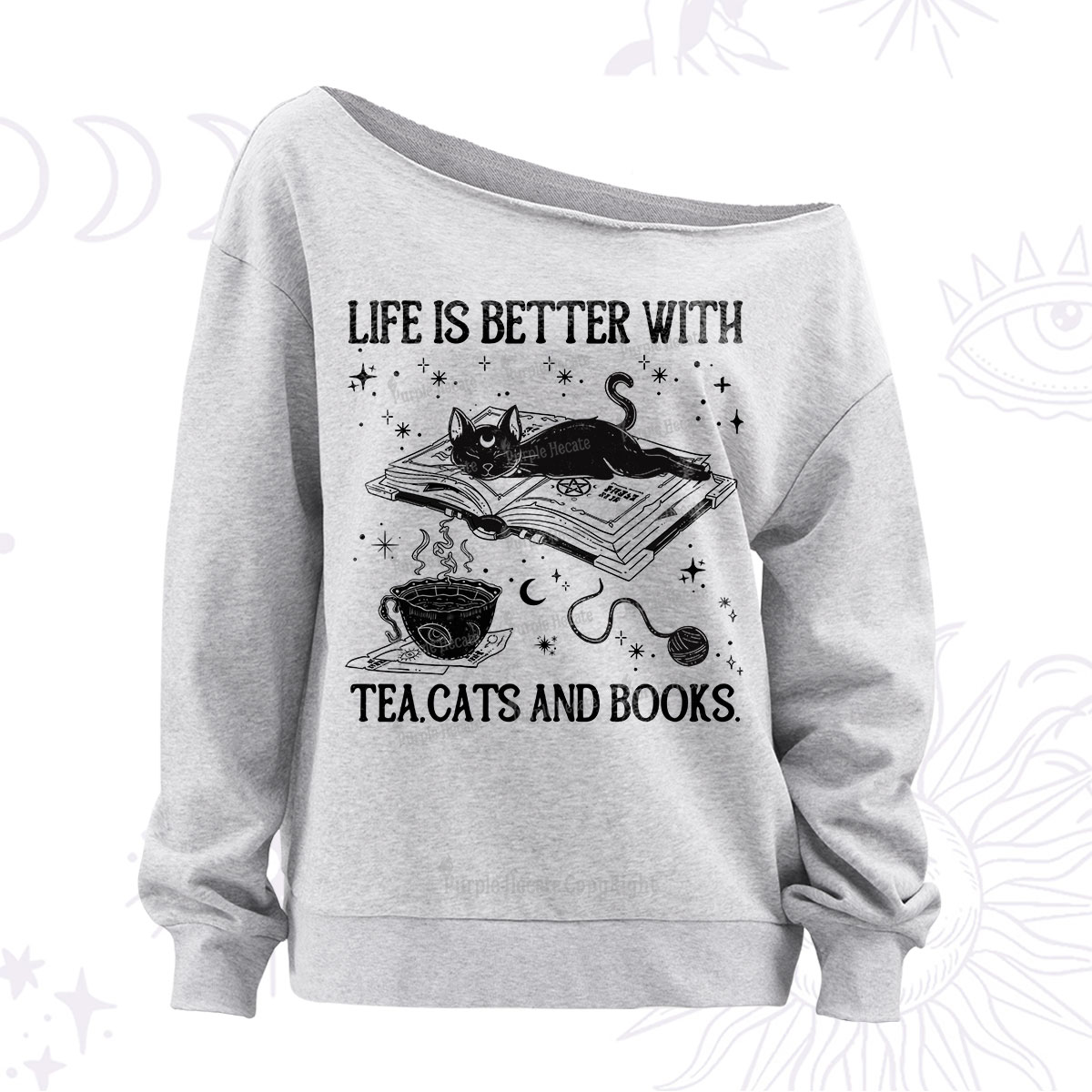 Purplehecate Life Is Better With Cats And Books Off The Shoulder Sweatshirt