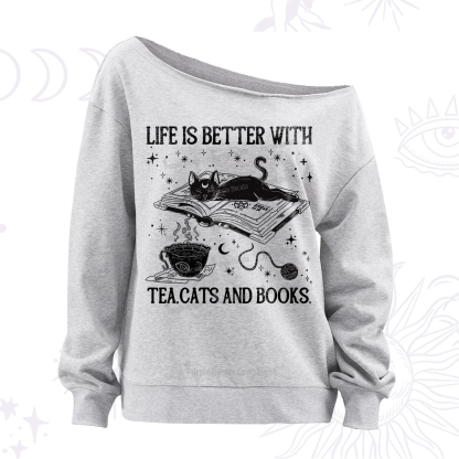 Purplehecate Life Is Better With Cats And Books Off The Shoulder Sweatshirt