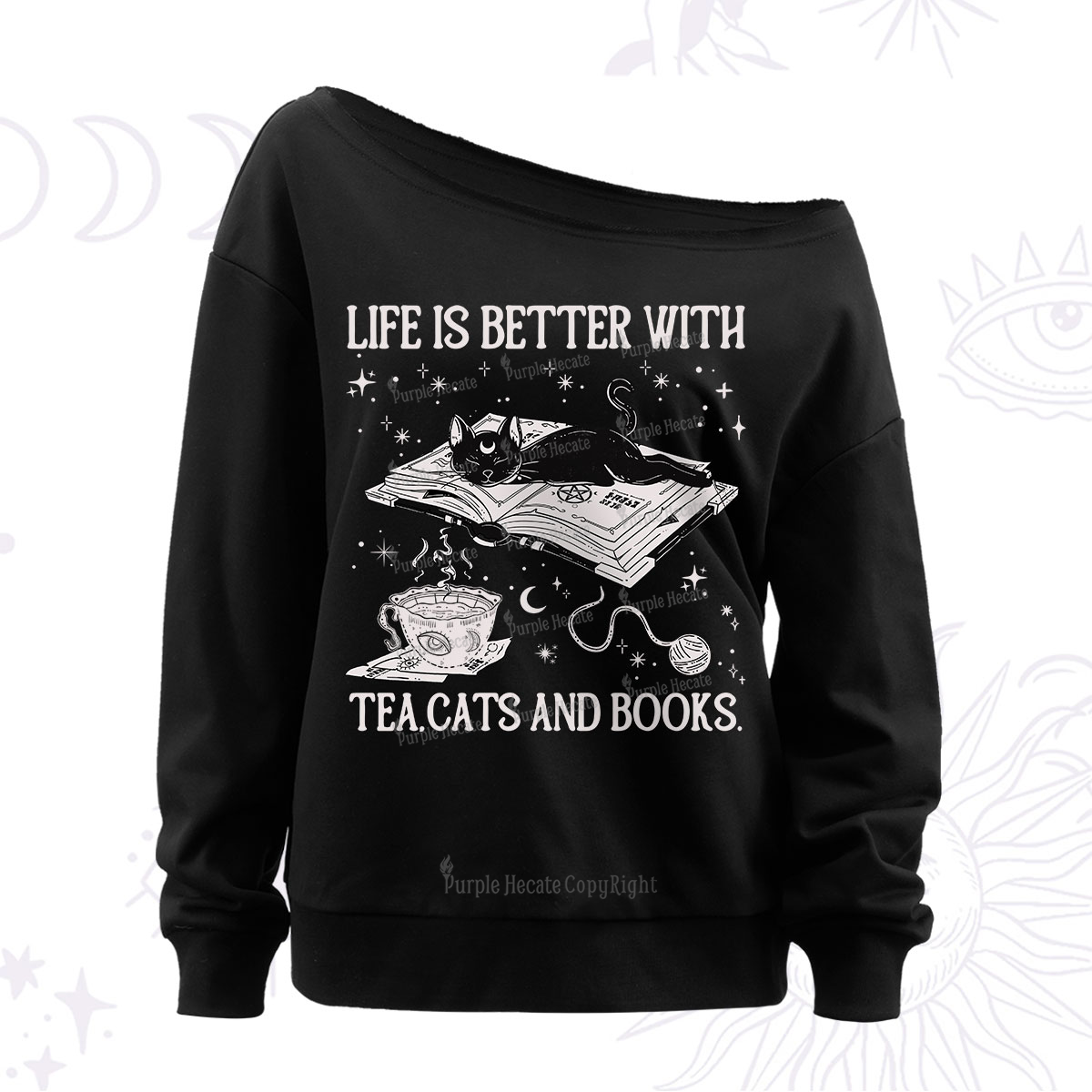 Purplehecate Life Is Better With Cats And Books Off The Shoulder Sweatshirt