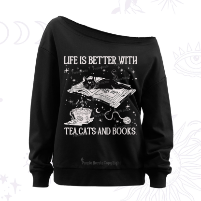Purplehecate Life Is Better With Cats And Books Off The Shoulder Sweatshirt