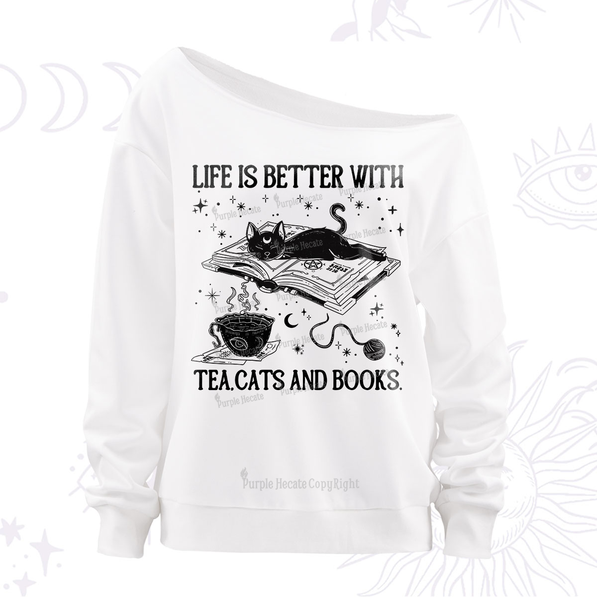 Purplehecate Life Is Better With Cats And Books Off The Shoulder Sweatshirt
