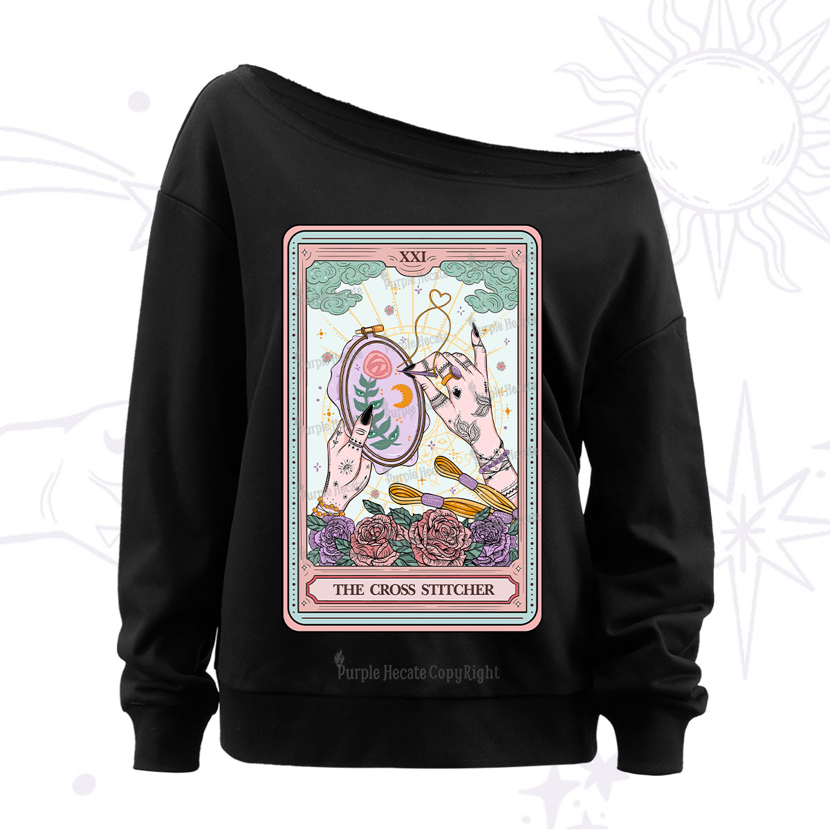 Purplehecate The Cross Stitcher Tarot Off The Shoulder Sweatshirt