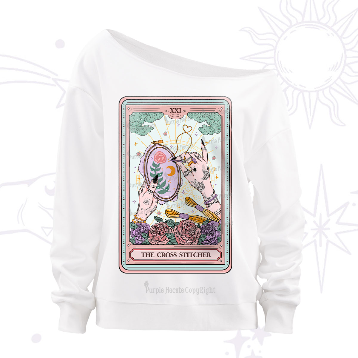 Purplehecate The Cross Stitcher Tarot Off The Shoulder Sweatshirt