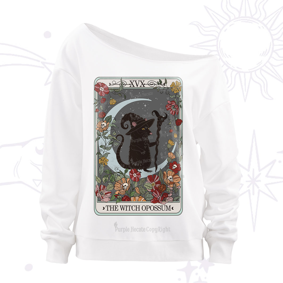 Purplehecate The Witch Opossum Tarot Off The Shoulder Sweatshirt