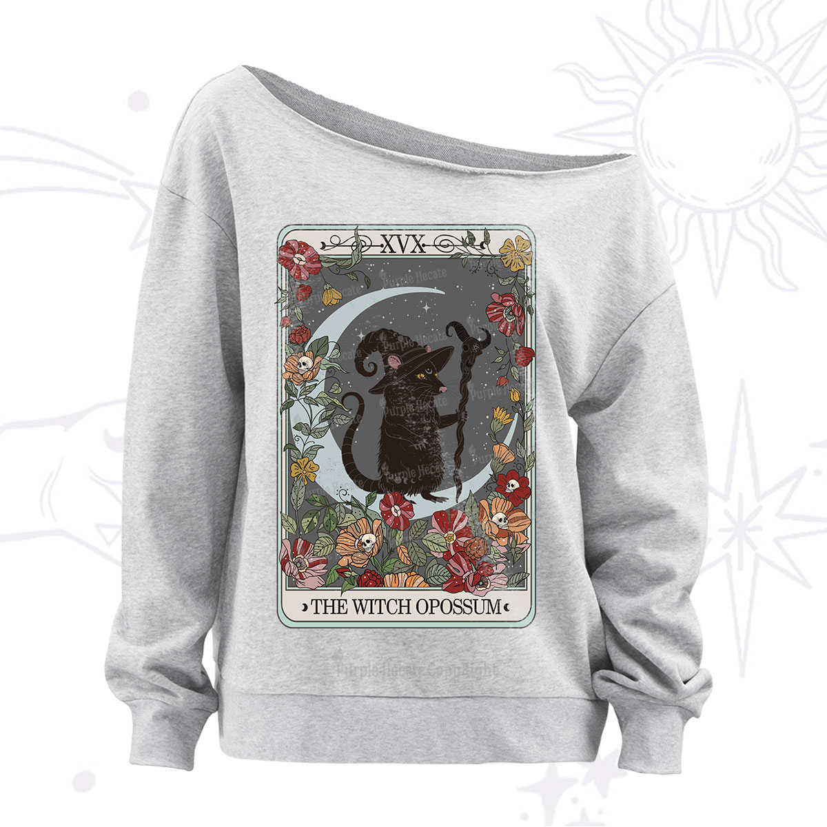 Purplehecate The Witch Opossum Tarot Off The Shoulder Sweatshirt