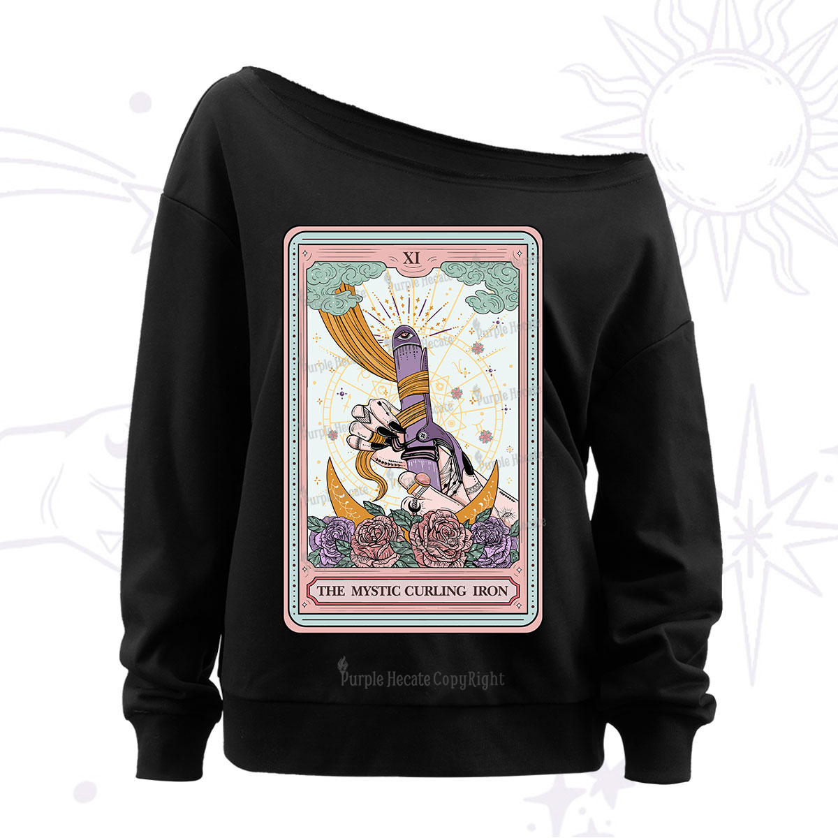 Purplehecate The Mystic Curling Iron Tarot Off The Shoulder Sweatshirt