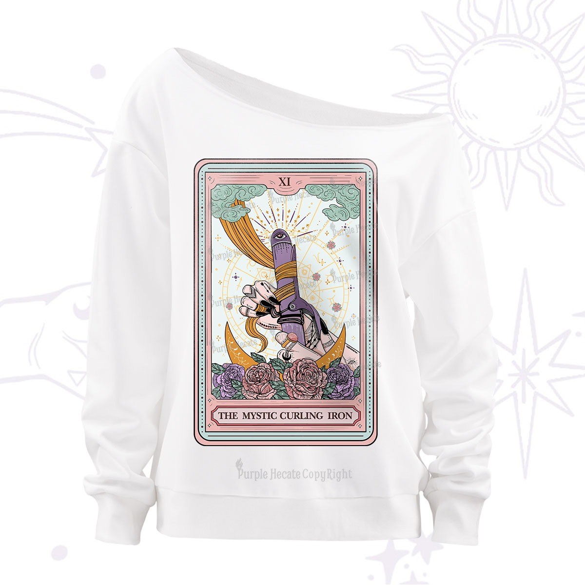 Purplehecate The Mystic Curling Iron Tarot Off The Shoulder Sweatshirt
