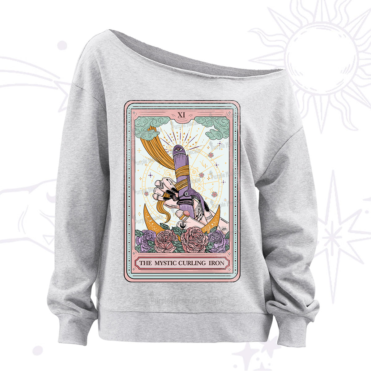 Purplehecate The Mystic Curling Iron Tarot Off The Shoulder Sweatshirt