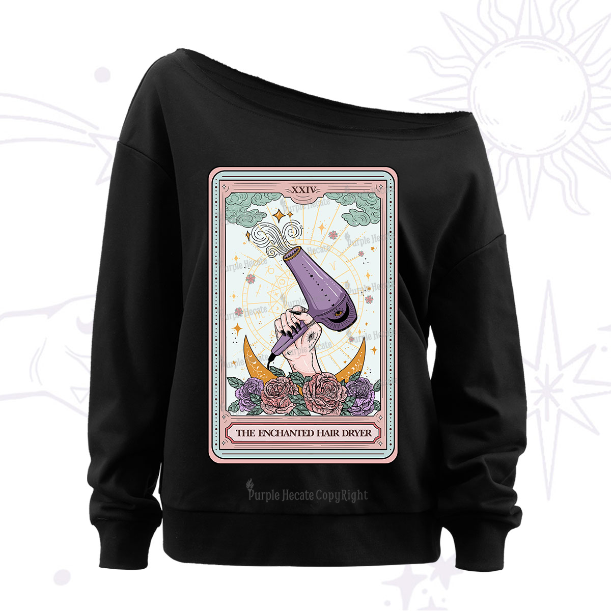 Purplehecate The Enchanted Hair Dryer Tarot Off The Shoulder Sweatshirt