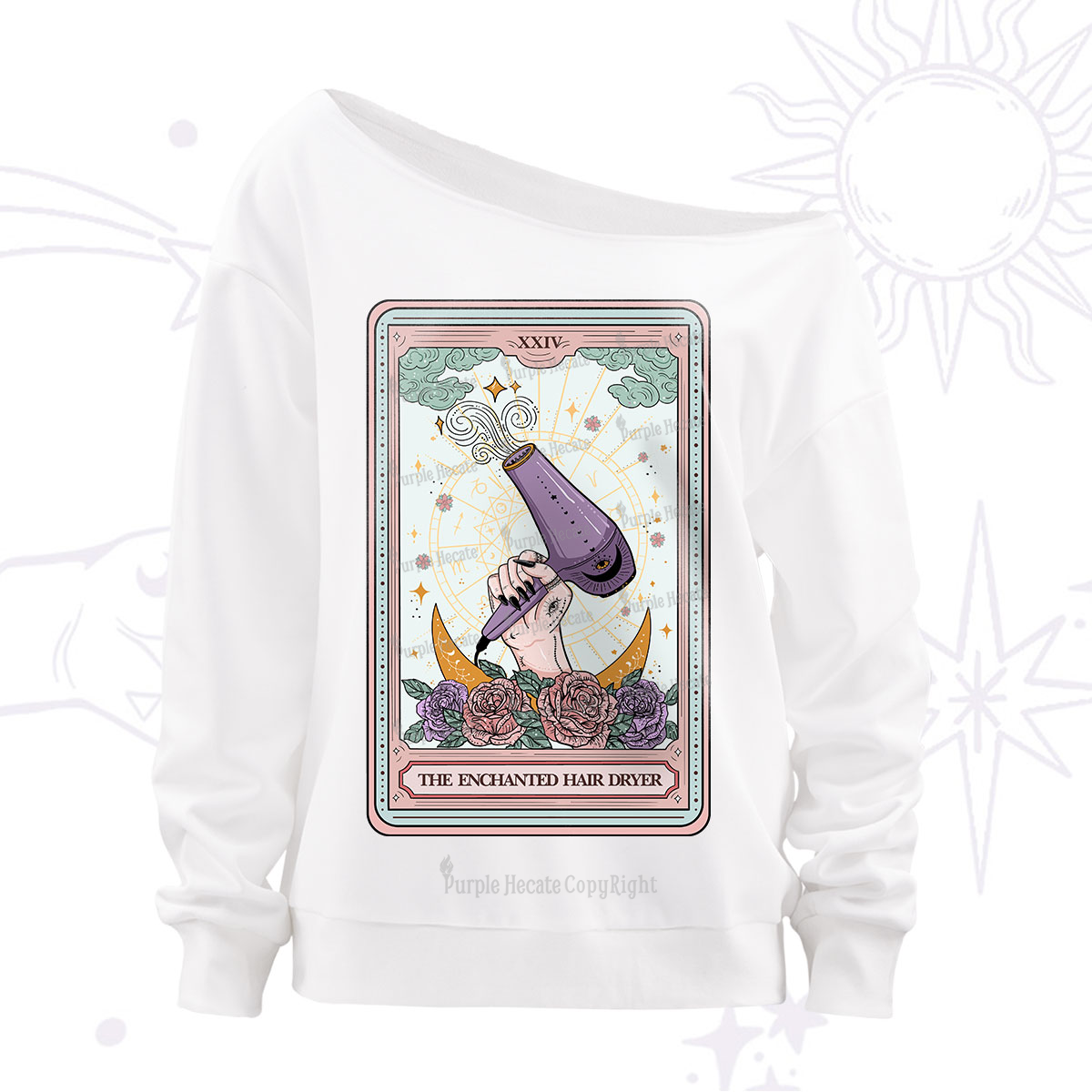 Purplehecate The Enchanted Hair Dryer Tarot Off The Shoulder Sweatshirt