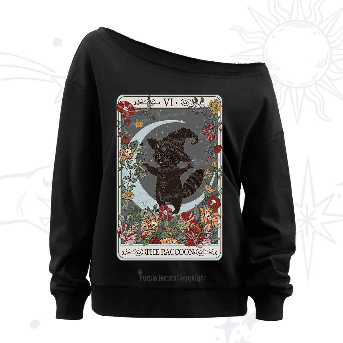 Purplehecate The Raccoon Tarot Off The Shoulder Sweatshirt