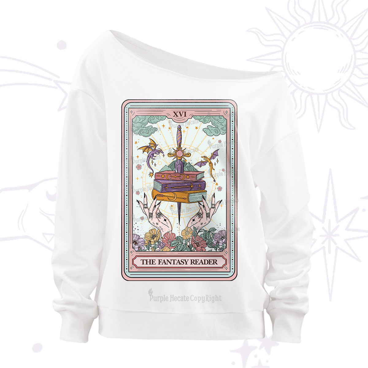 Purplehecate The Fantasy Reader Tarot Off The Shoulder Sweatshirt