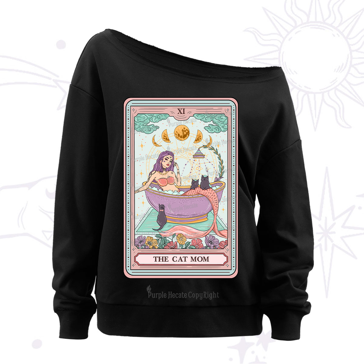 Purplehecate The Cat Mermaid Mom Tarot Card Off The Shoulder Sweatshirt