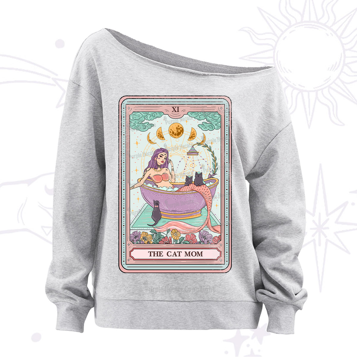 Purplehecate The Cat Mermaid Mom Tarot Card Off The Shoulder Sweatshirt