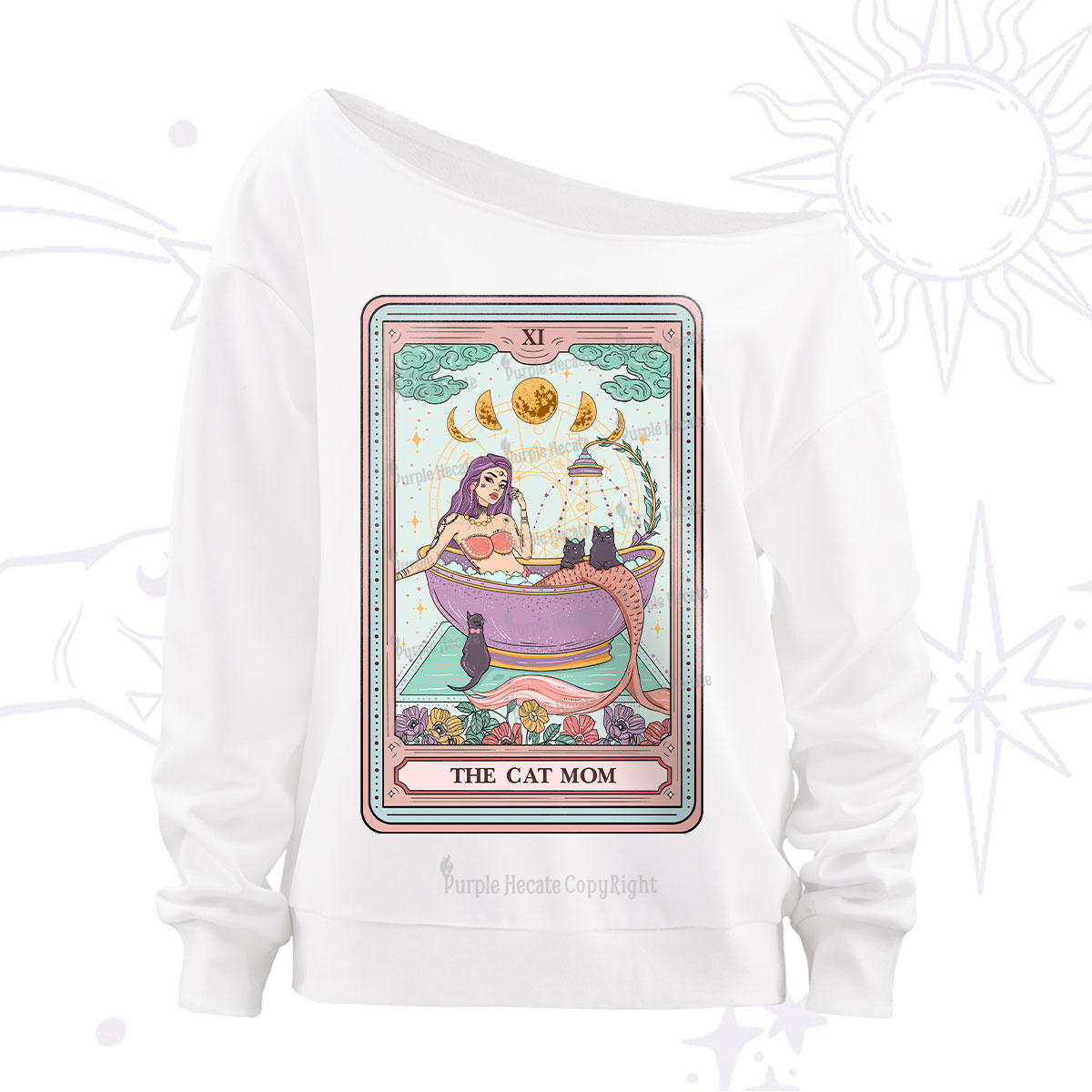 Purplehecate The Cat Mermaid Mom Tarot Card Off The Shoulder Sweatshirt