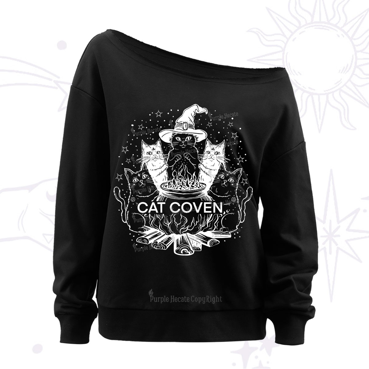 Purplehecate Witchy Cat Coven Off The Shoulder Sweatshirt