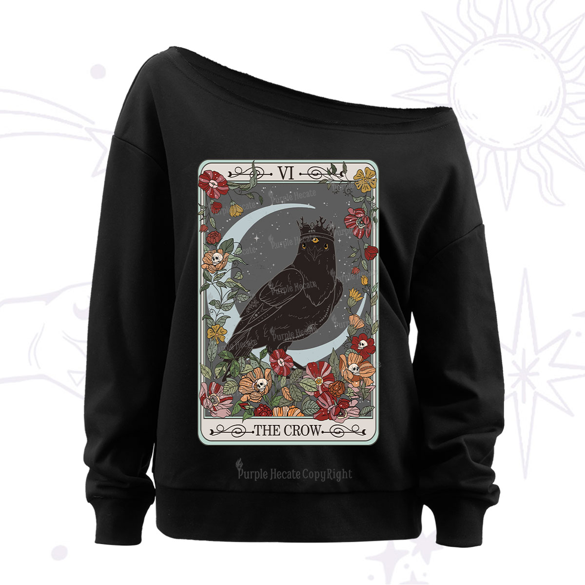 Purplehecate The Crow Tarot Card Off The Shoulder Sweatshirt