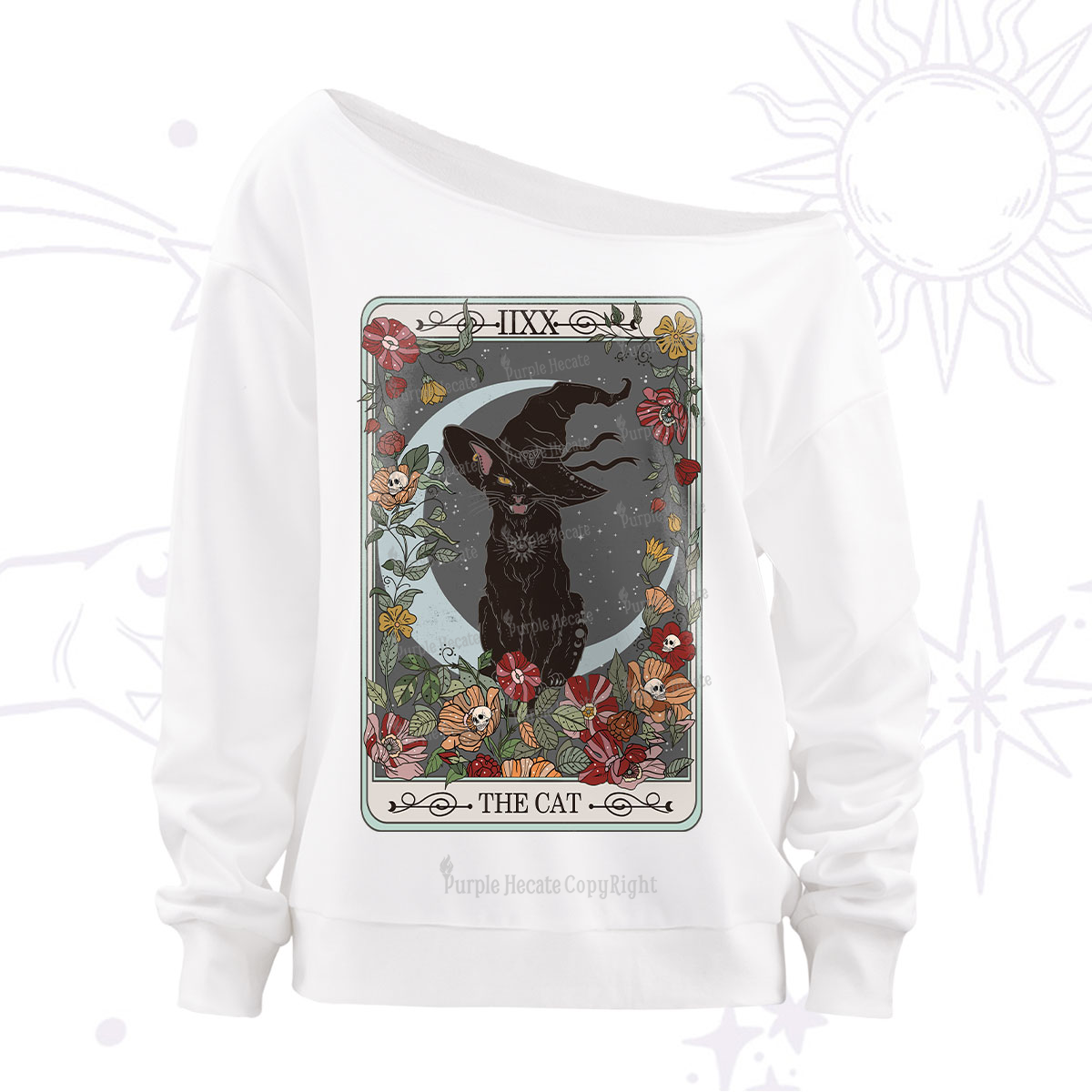 Purplehecate The Cat Tarot Card Off The Shoulder Sweatshirt