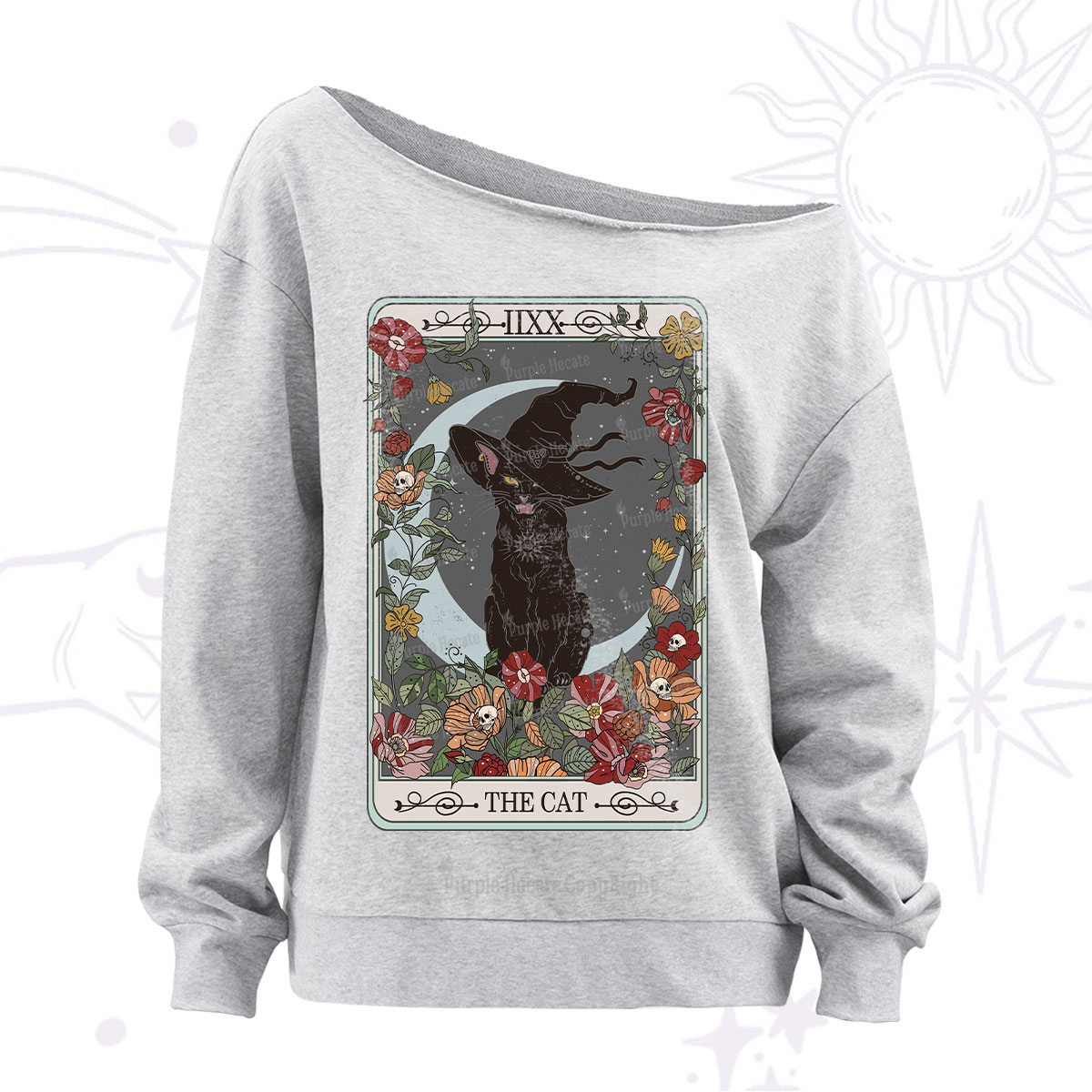 Purplehecate The Cat Tarot Card Off The Shoulder Sweatshirt