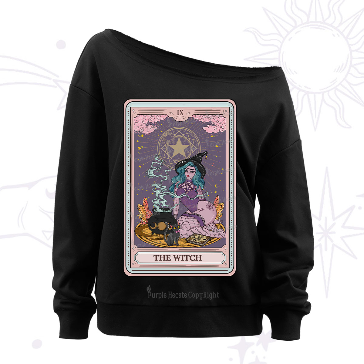Purplehecate The Alchemy Witch Tarot Card Off The Shoulder Sweatshirt