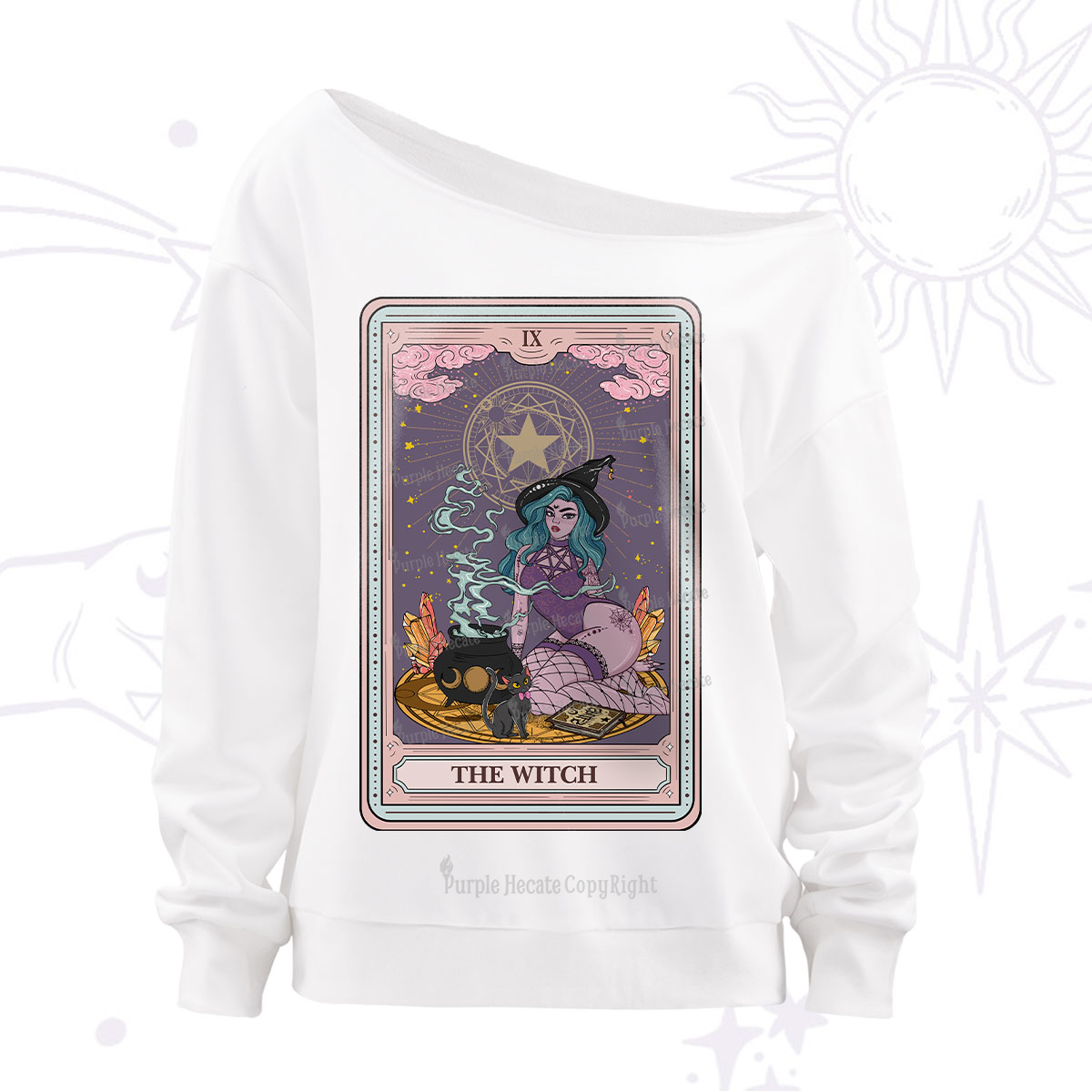 Purplehecate The Alchemy Witch Tarot Card Off The Shoulder Sweatshirt