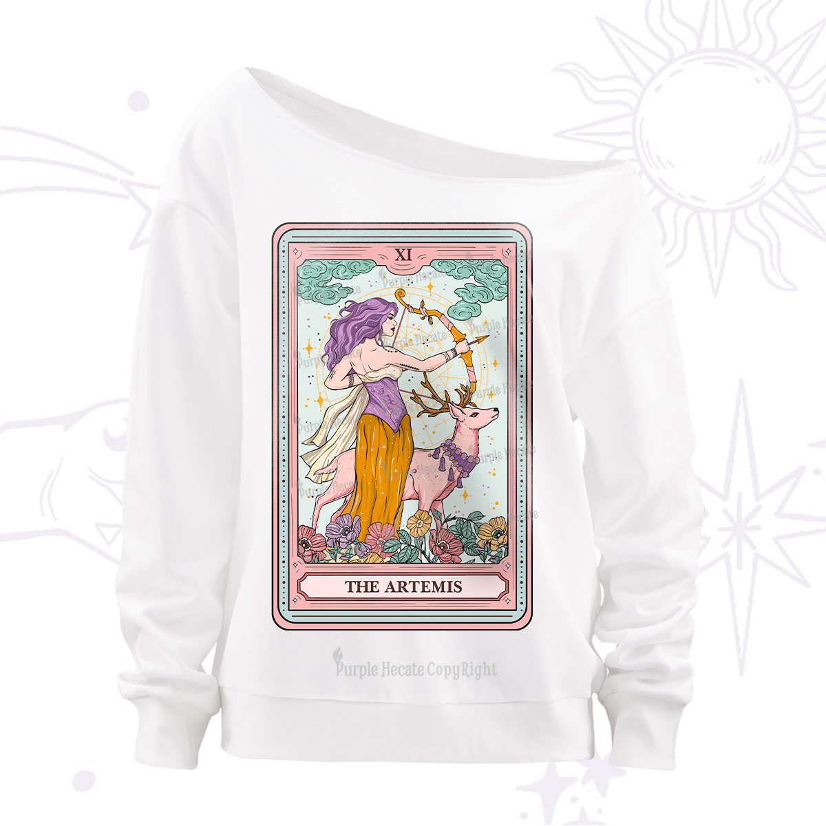 Purplehecate The Artemis Tarot Card Off The Shoulder Sweatshirt
