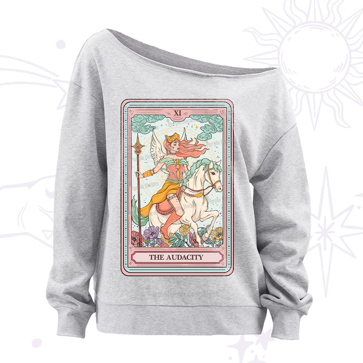 Purplehecate The Audacity Winged Goddess Tarot Card Off The Shoulder Sweatshirt