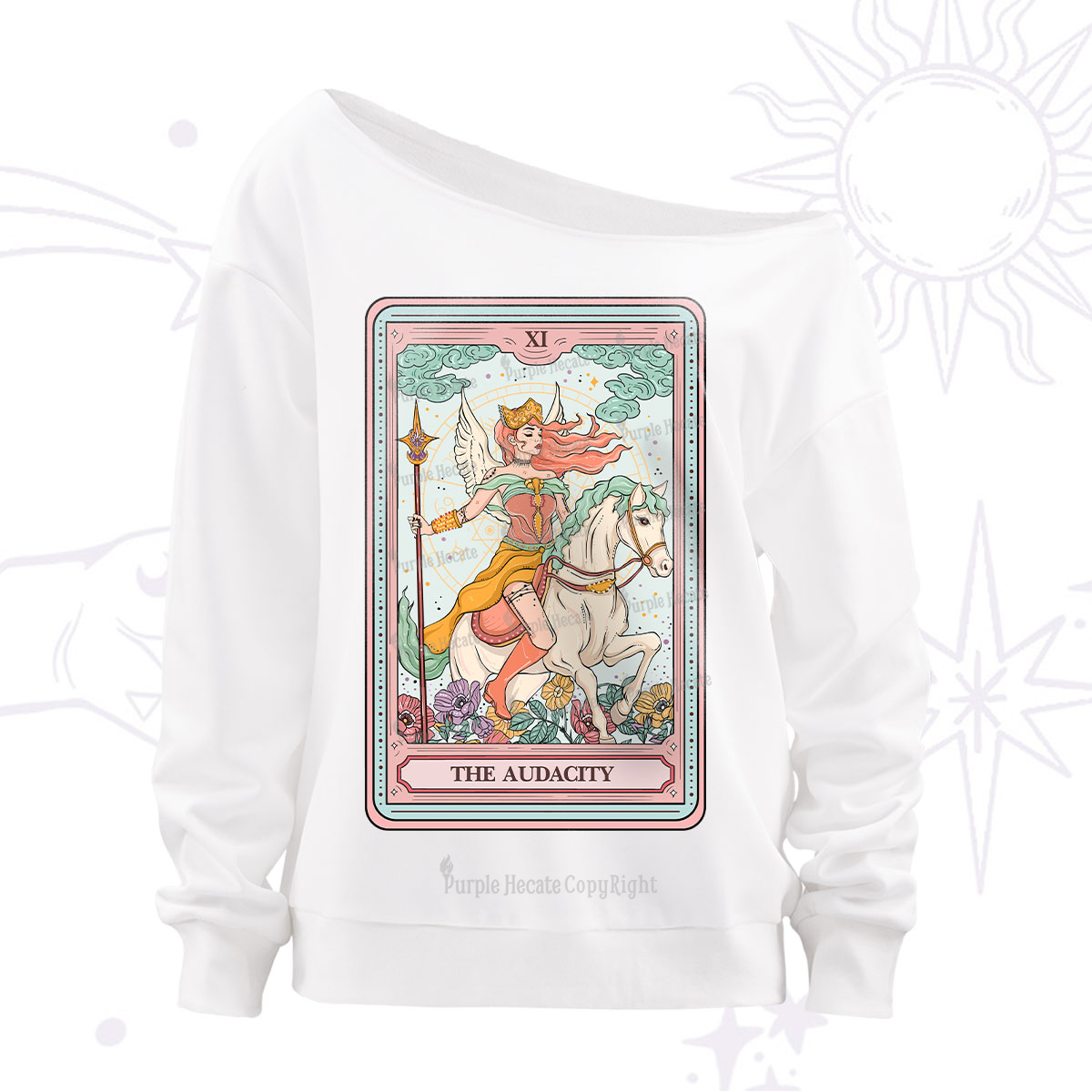 Purplehecate The Audacity Winged Goddess Tarot Card Off The Shoulder Sweatshirt