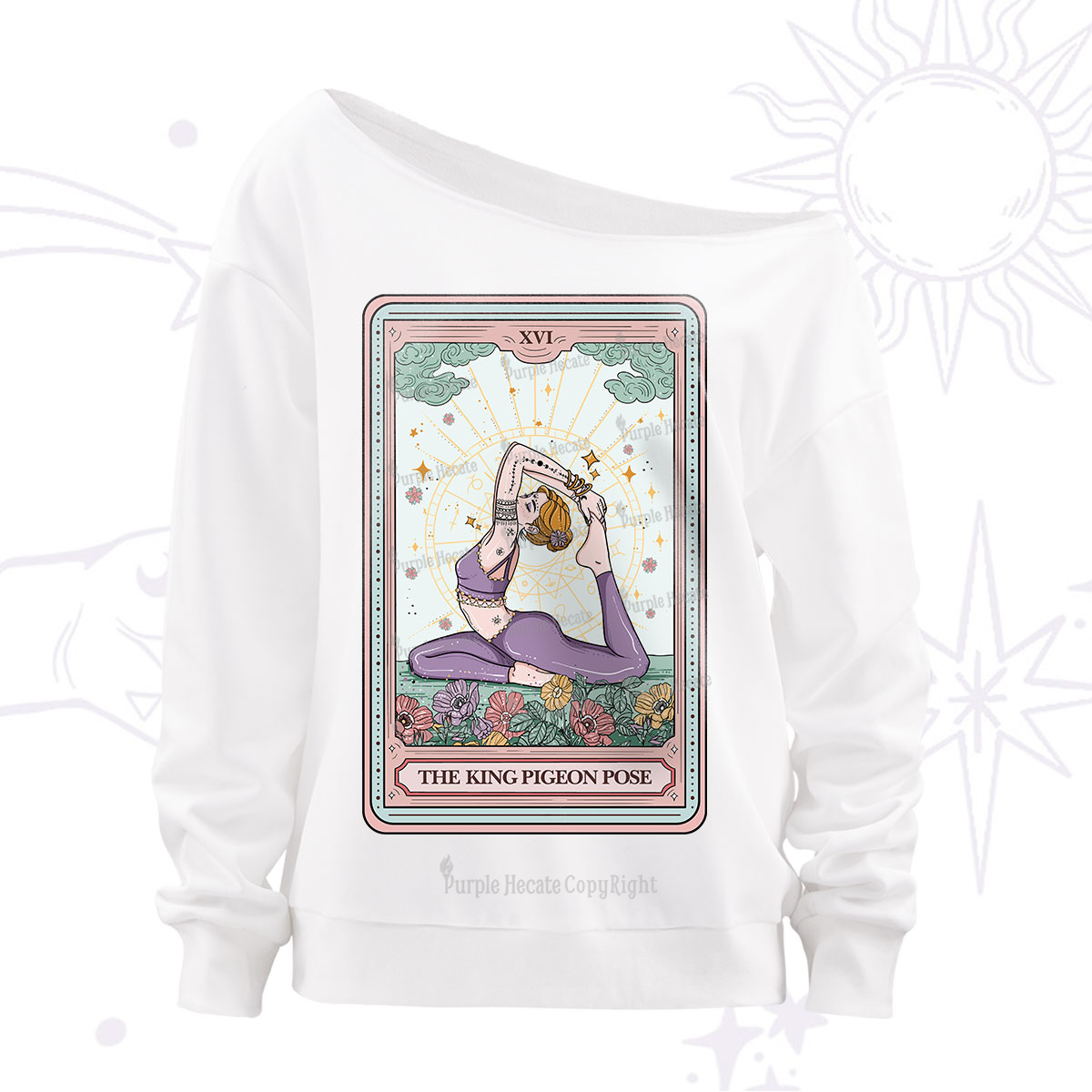 Purplehecate The King Pigeon Pose Tarot Card Off The Shoulder Sweatshirt