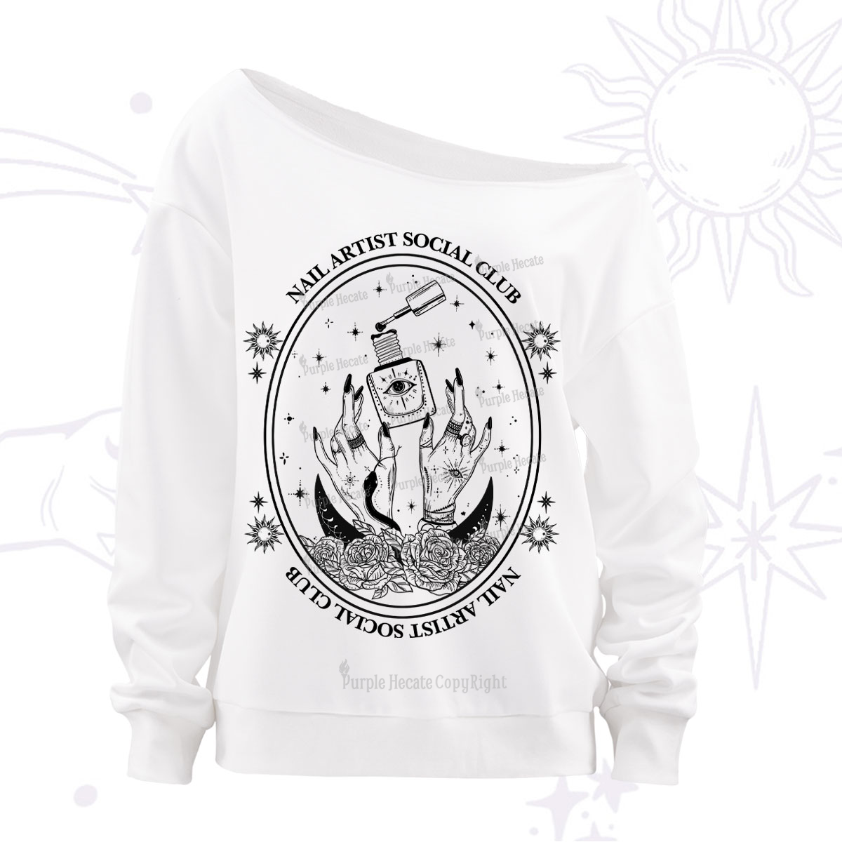Purplehecate Nail Artist Club Off The Shoulder Sweatshirt