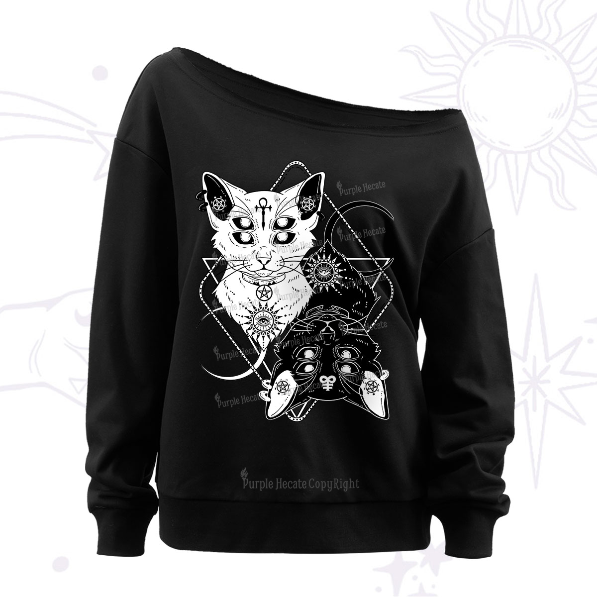 Purplehecate Occult Mirror Cats Off The Shoulder Sweatshirt