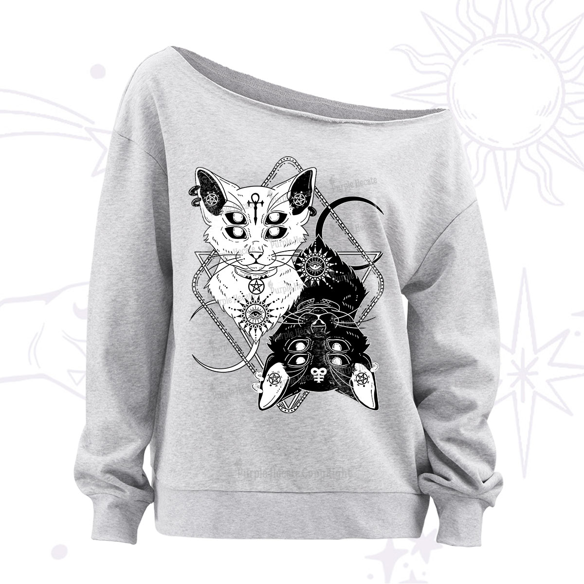Purplehecate Occult Mirror Cats Off The Shoulder Sweatshirt
