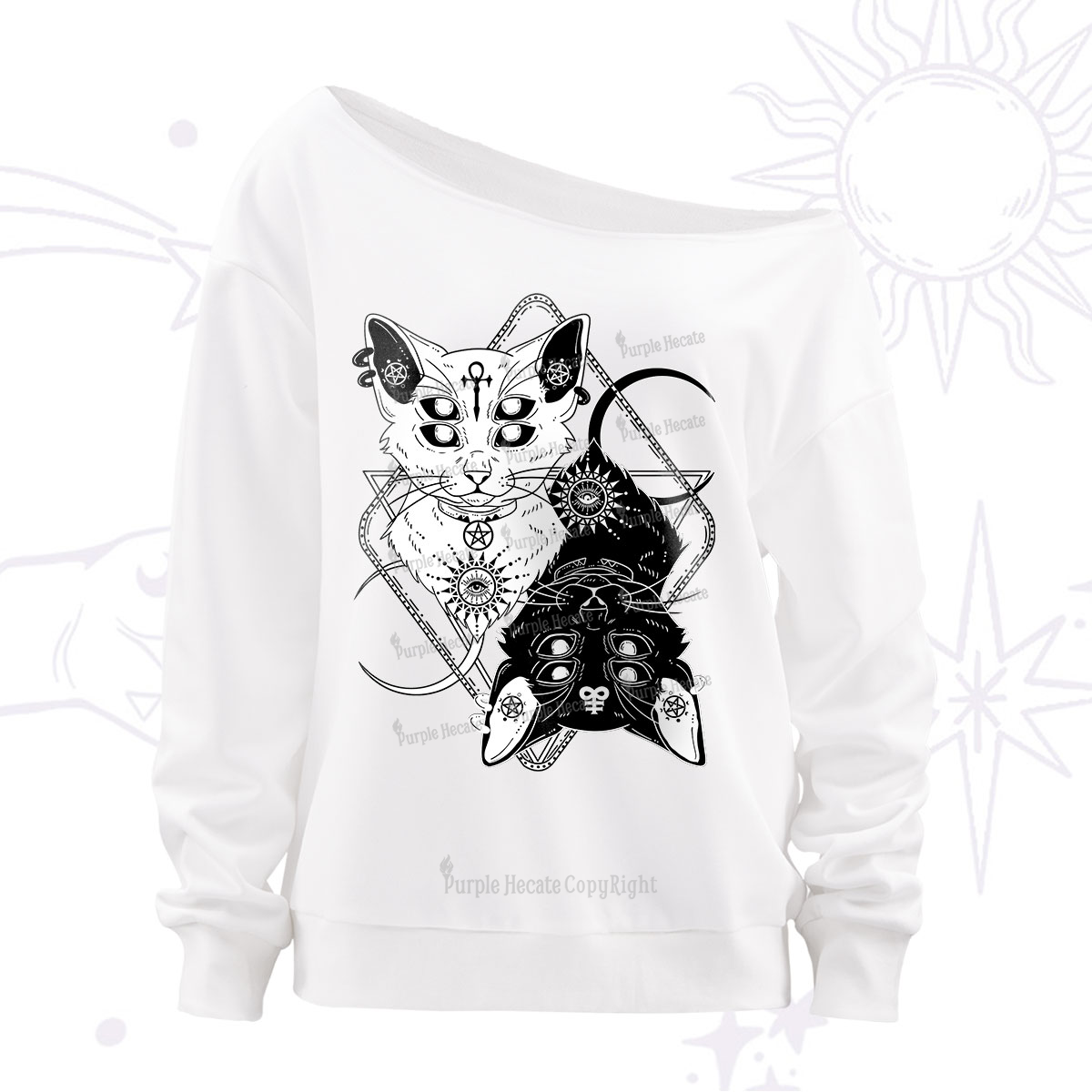 Purplehecate Occult Mirror Cats Off The Shoulder Sweatshirt