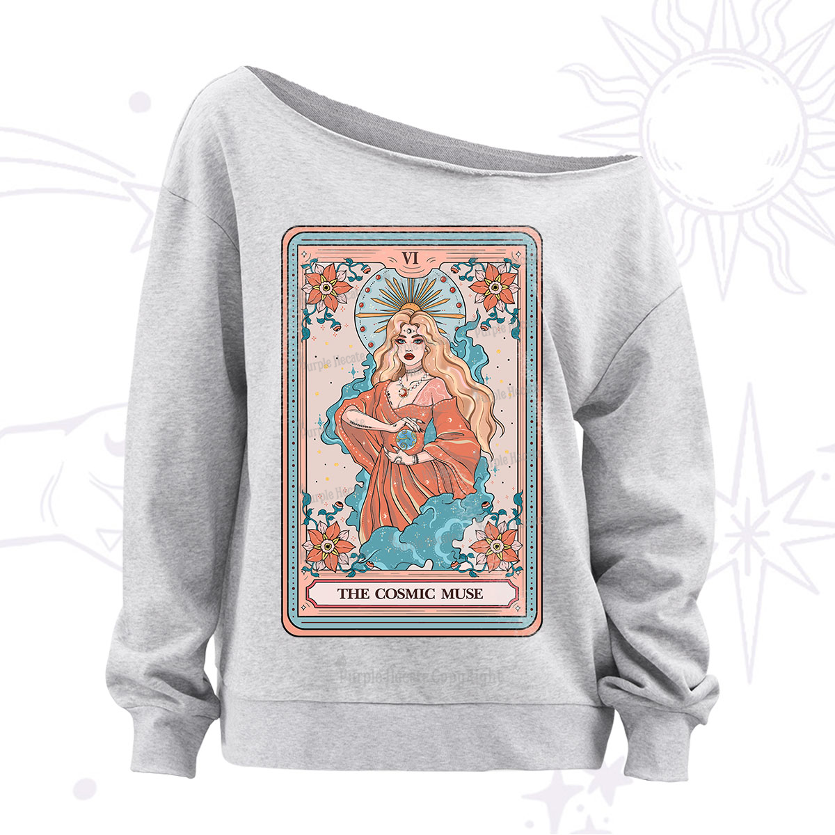 Purplehecate The Cosmic Muse Tarot Card Off The Shoulder Sweatshirt
