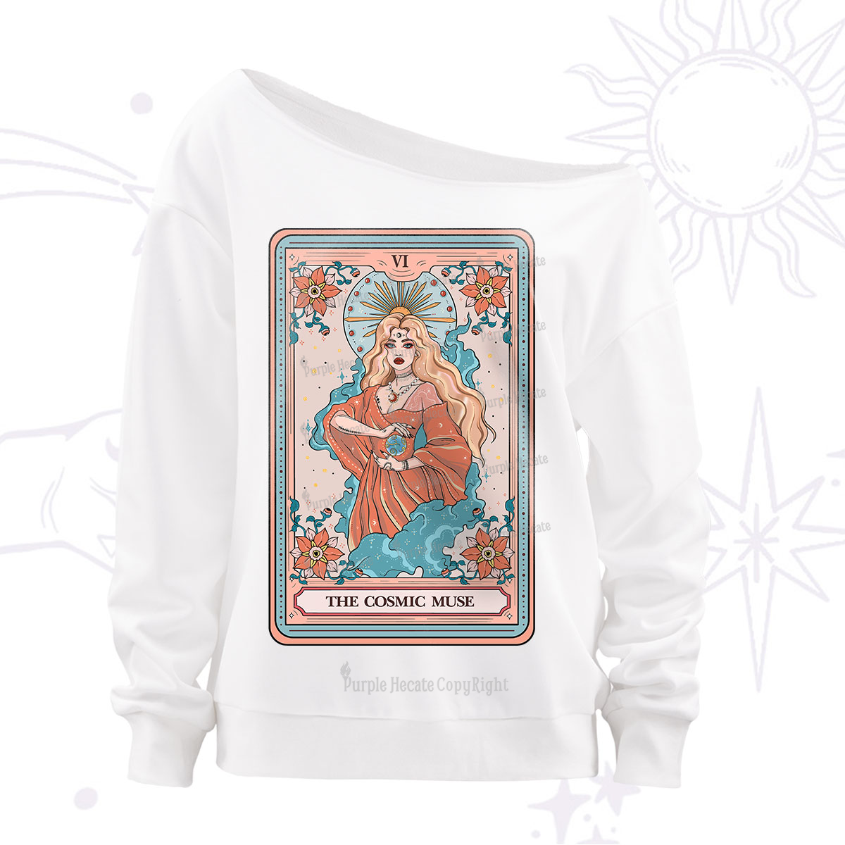 Purplehecate The Cosmic Muse Tarot Card Off The Shoulder Sweatshirt