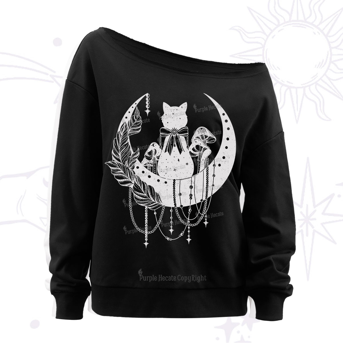 Purplehecate Moonlit Celestial Cat Off The Shoulder Sweatshirt