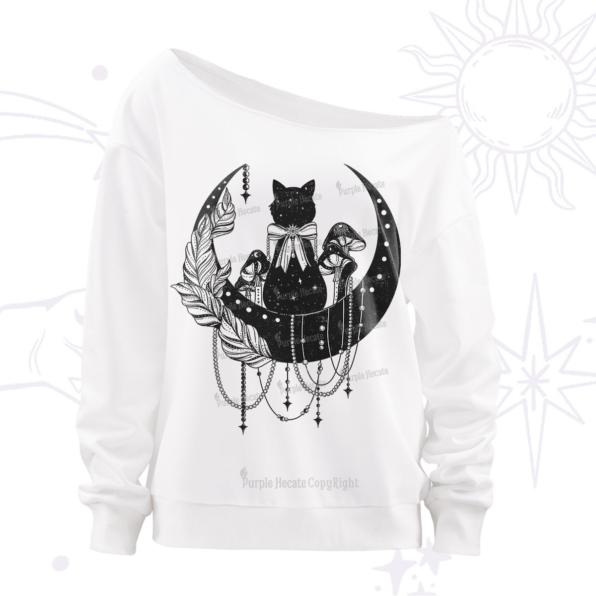 Purplehecate Moonlit Celestial Cat Off The Shoulder Sweatshirt
