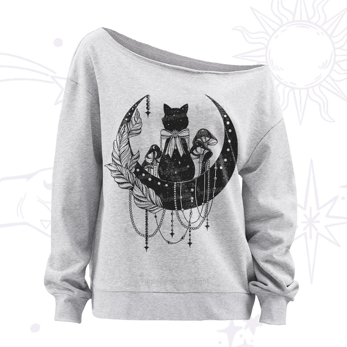 Purplehecate Moonlit Celestial Cat Off The Shoulder Sweatshirt
