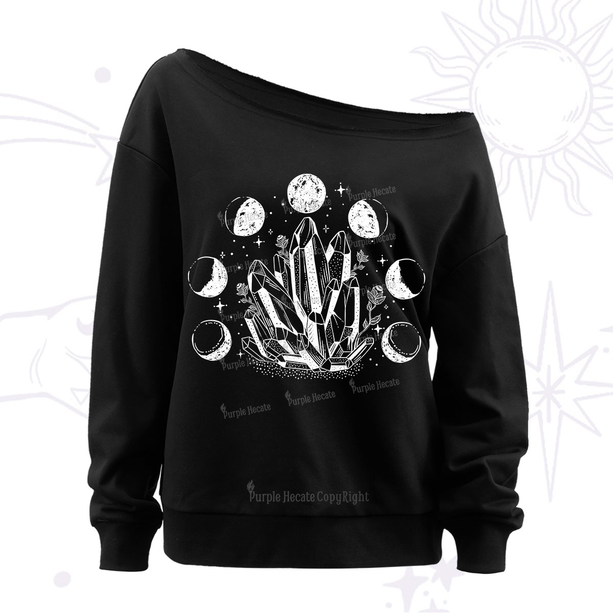 Purplehecate Crystals and Moon Phases Off The Shoulder Sweatshirt