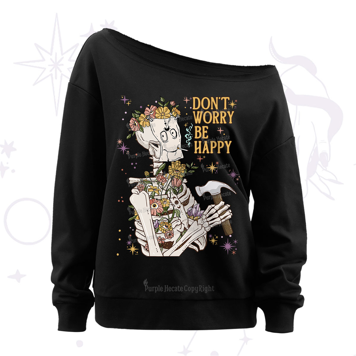 Purplehecate Don't Worry Be Happy Off The Shoulder Sweatshirt