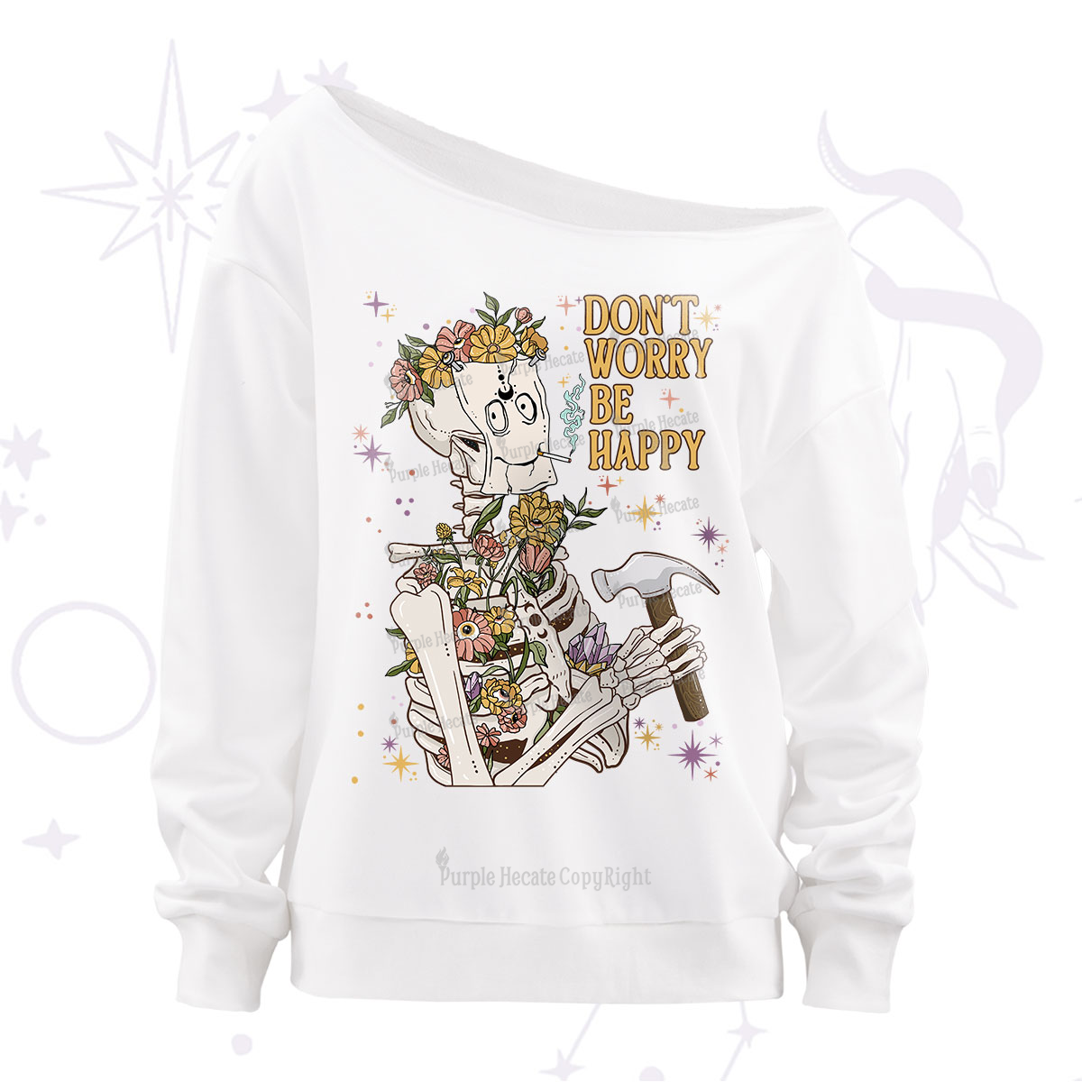 Purplehecate Don't Worry Be Happy Off The Shoulder Sweatshirt