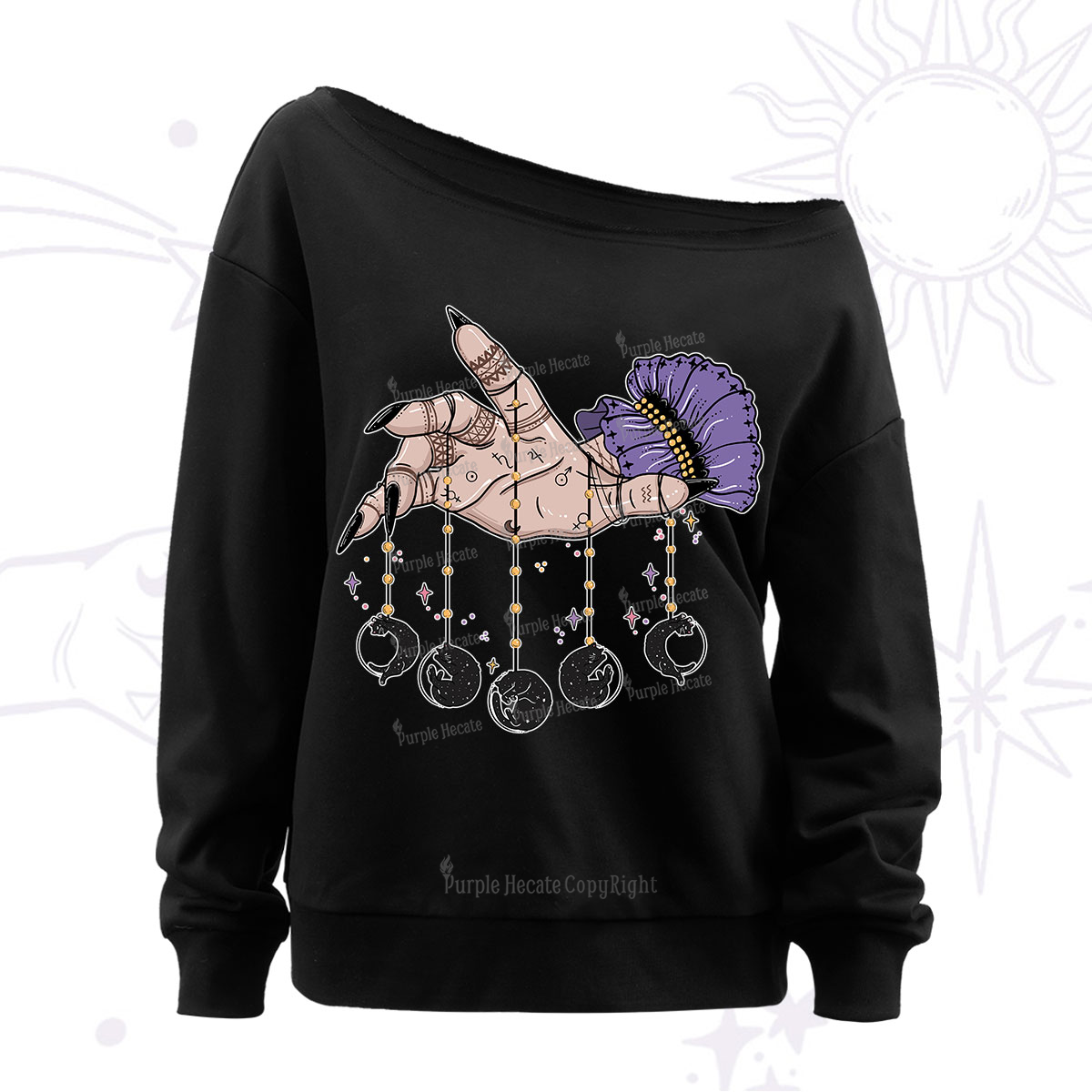 Purplehecate Feline Lunar Phases Off The Shoulder Sweatshirt