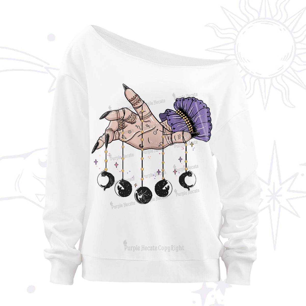 Purplehecate Feline Lunar Phases Off The Shoulder Sweatshirt