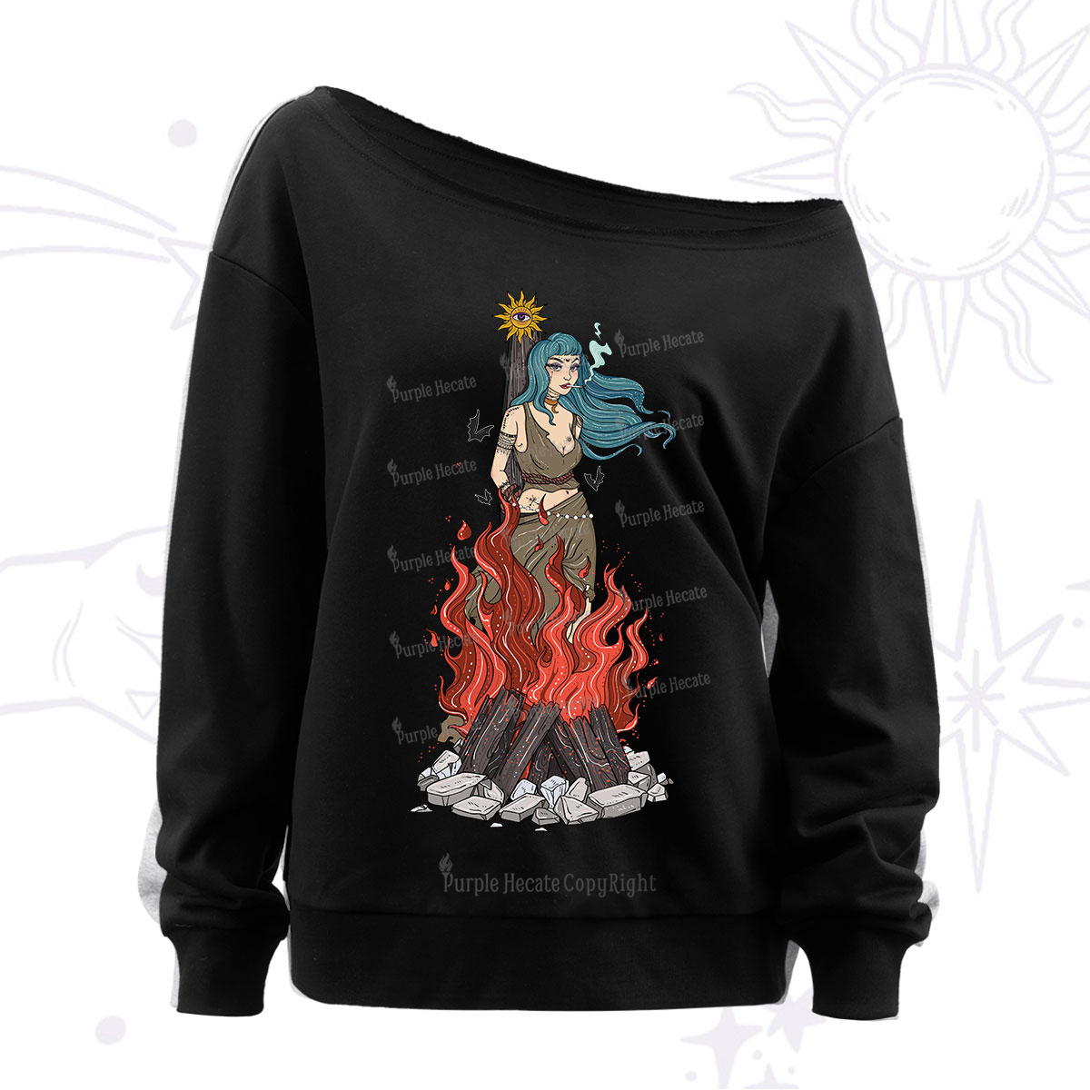 Purplehecate Witchy Woman Burned at the Stake Off The Shoulder Sweatshirt