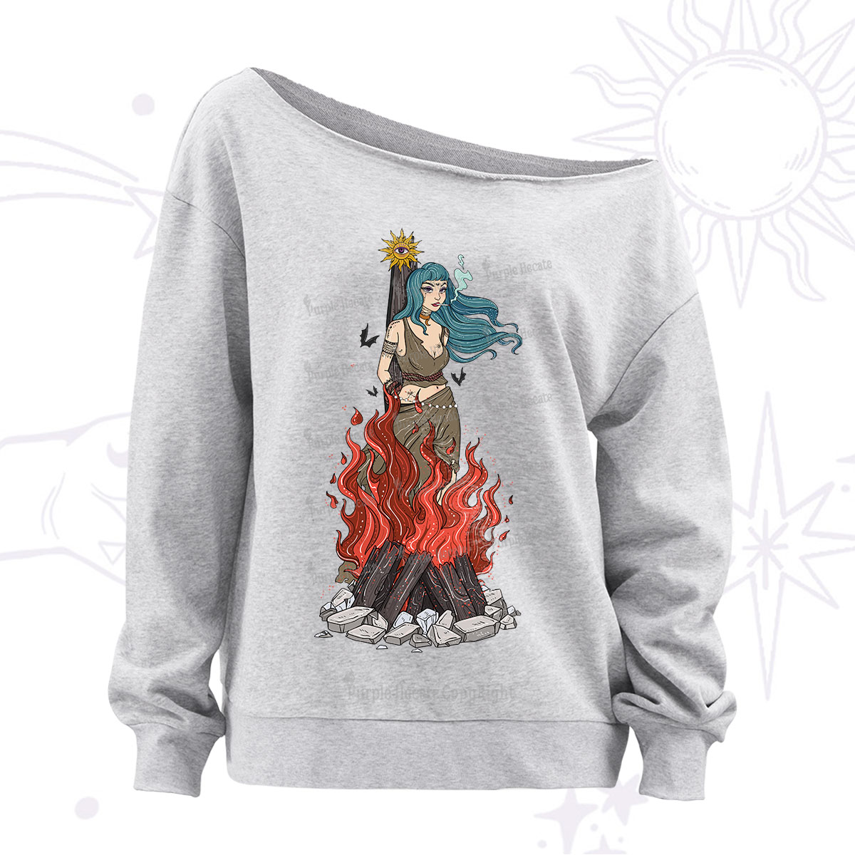 Purplehecate Witchy Woman Burned at the Stake Off The Shoulder Sweatshirt