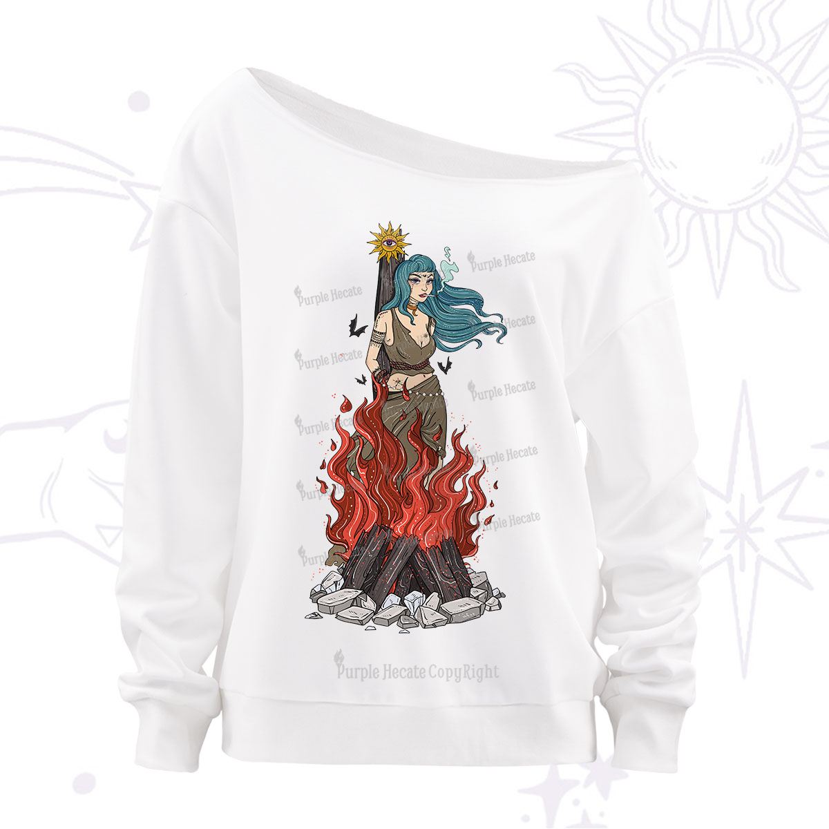 Purplehecate Witchy Woman Burned at the Stake Off The Shoulder Sweatshirt