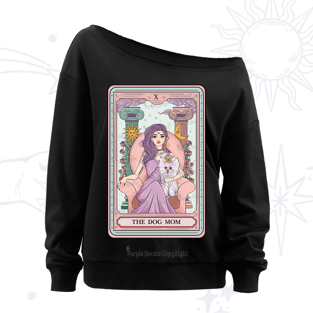 Purplehecate The Cute Dog Mom Tarot Card Off The Shoulder Sweatshirt