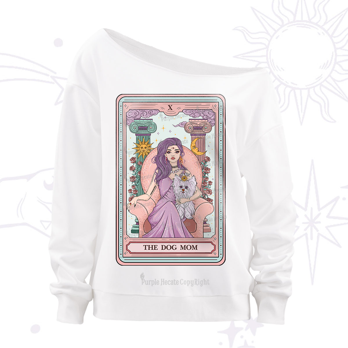 Purplehecate The Cute Dog Mom Tarot Card Off The Shoulder Sweatshirt