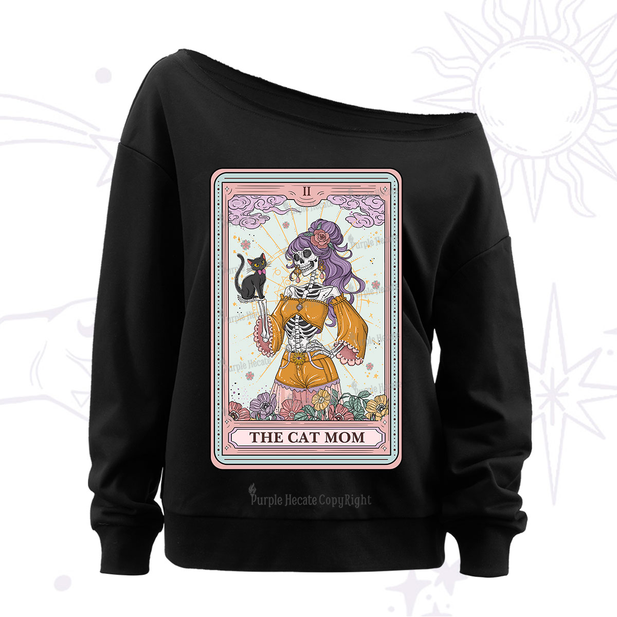 Purplehecate The Skeleton Cat Mom Tarot Card Off The Shoulder Sweatshirt